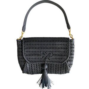 Anya Hindmarch Neeson Tassel Shoulder Bag Capra Leather Dark Marine Blue Woven